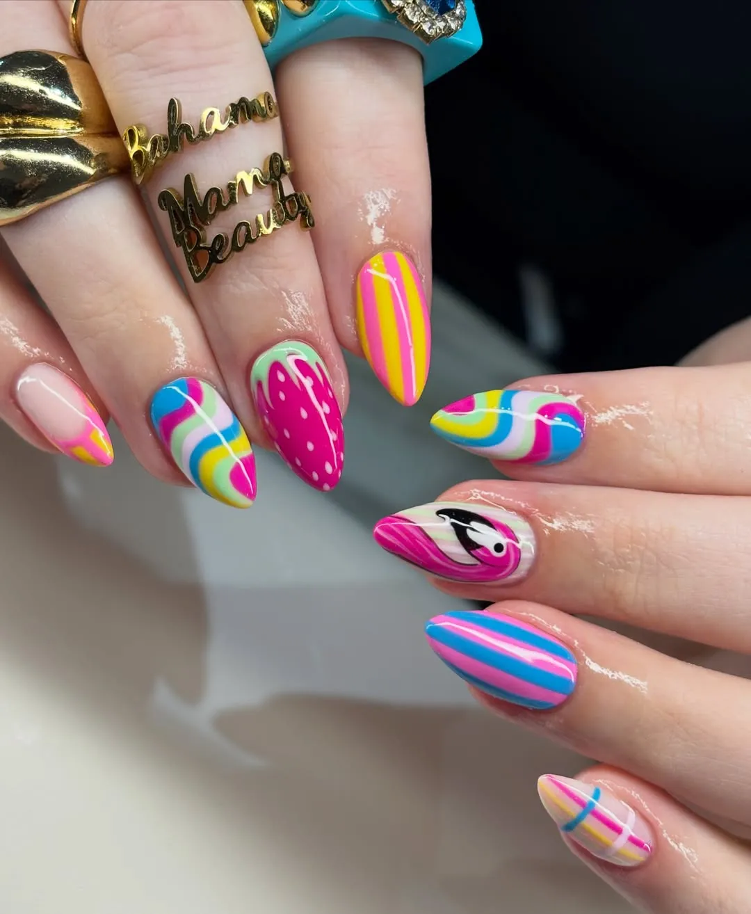 Bold rainbow waves with graphic eye accent