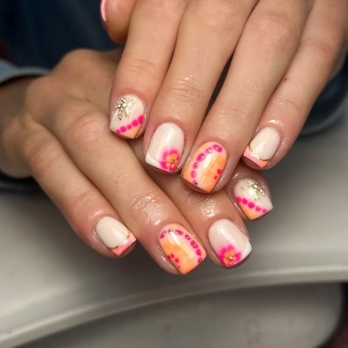 Nude Base with Pink-Orange Gradients and Palm Charm Details