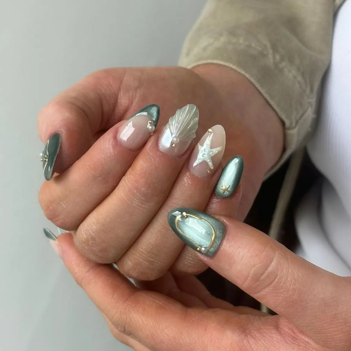 Metallic sage with shell and starfish accents